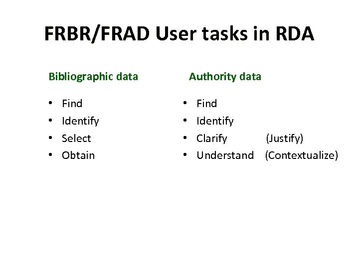 FRBR/FRAD User tasks in RDA Authority data Bibliographic data • • Find Identify Select