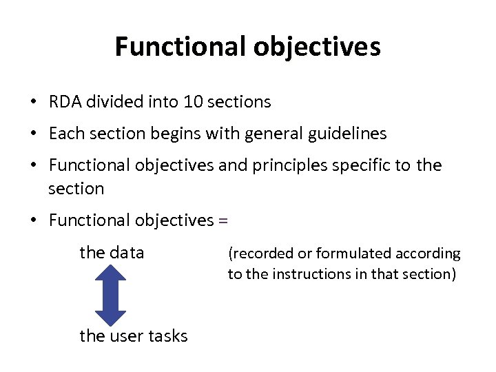 Functional objectives • RDA divided into 10 sections • Each section begins with general