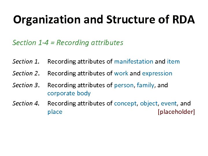 Organization and Structure of RDA Section 1 -4 = Recording attributes Section 1. Recording