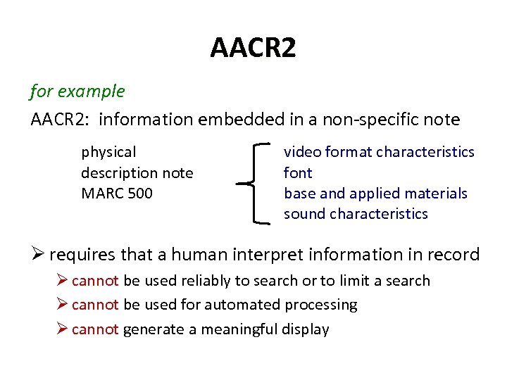 AACR 2 for example AACR 2: information embedded in a non-specific note physical description