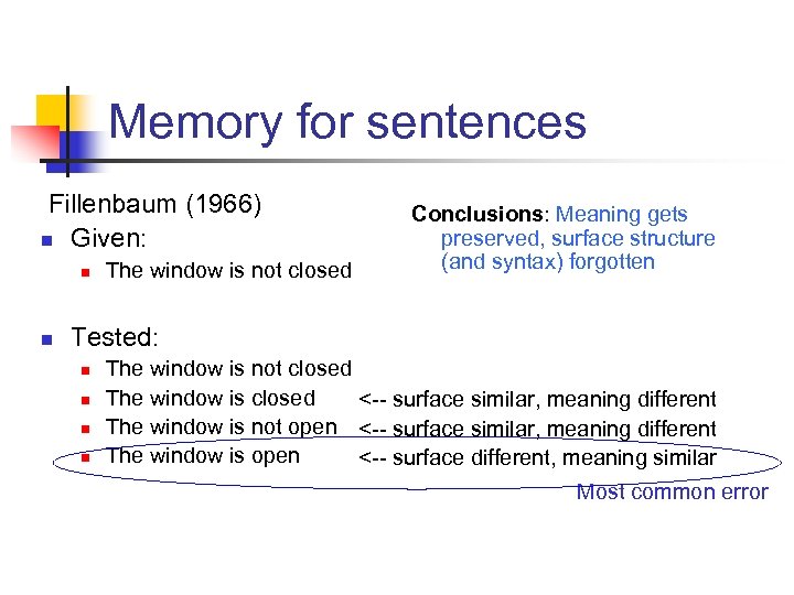 Memory for sentences Fillenbaum (1966) n Given: n n The window is not closed