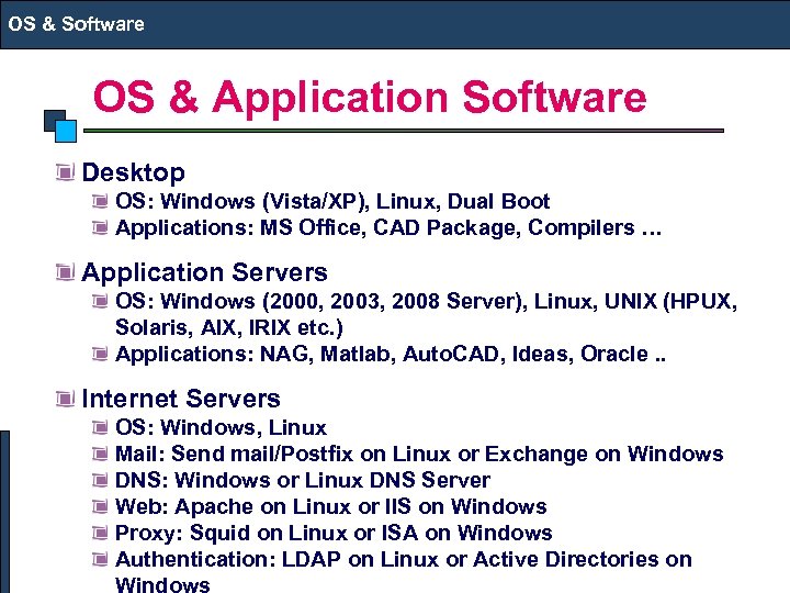 OS & Software OS & Application Software Desktop OS: Windows (Vista/XP), Linux, Dual Boot
