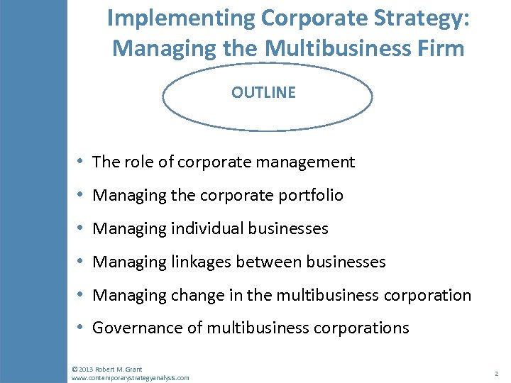 Implementing Corporate Strategy: Managing the Multibusiness Firm OUTLINE • The role of corporate management