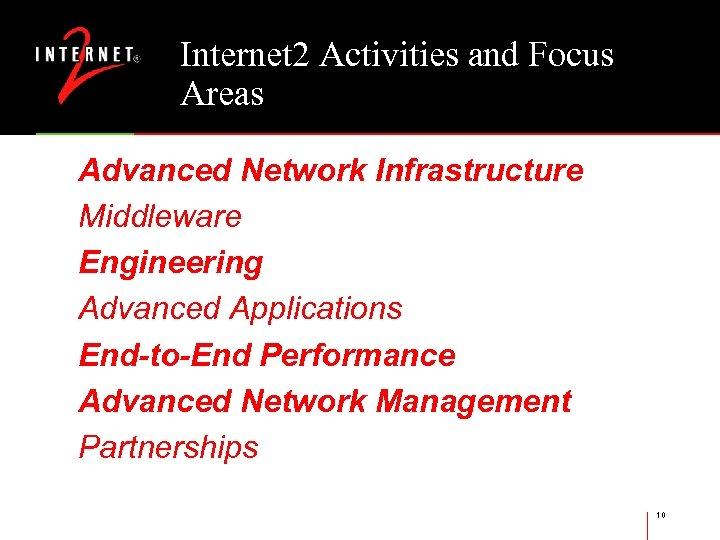 Internet 2 Activities and Focus Areas Advanced Network Infrastructure Middleware Engineering Advanced Applications End-to-End