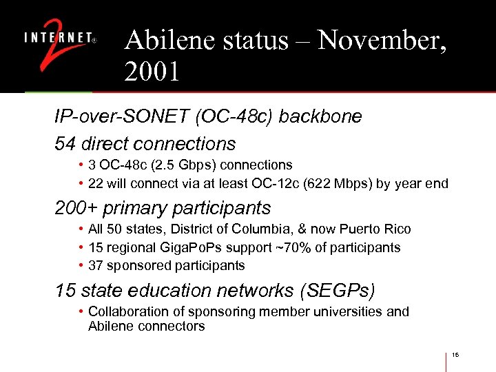 Abilene status – November, 2001 IP-over-SONET (OC-48 c) backbone 54 direct connections • 3