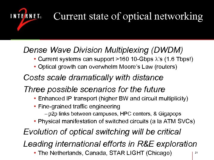 Current state of optical networking Dense Wave Division Multiplexing (DWDM) • Current systems can