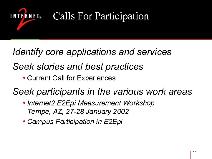 Calls For Participation Identify core applications and services Seek stories and best practices •