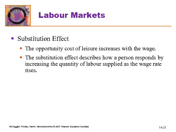 Labour Markets § Substitution Effect § The opportunity cost of leisure increases with the