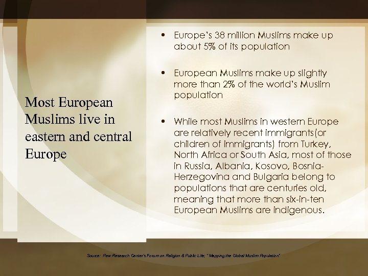  • Europe’s 38 million Muslims make up about 5% of its population Most