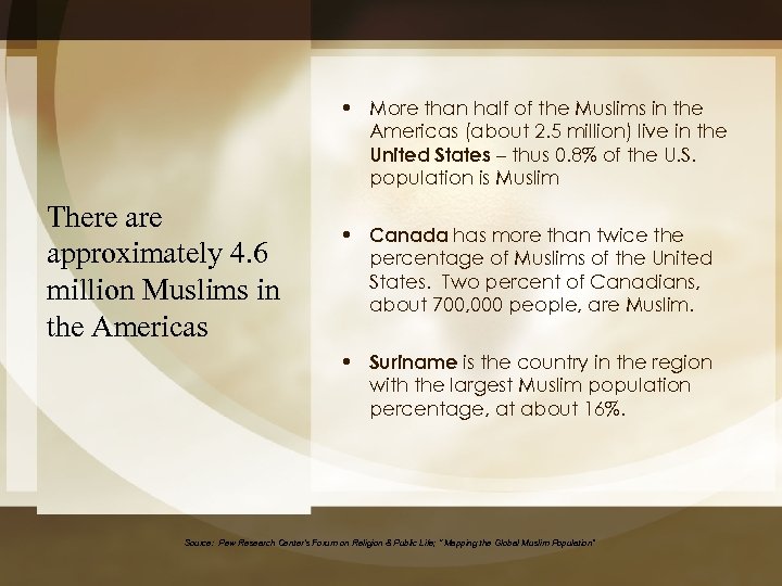  • More than half of the Muslims in the Americas (about 2. 5