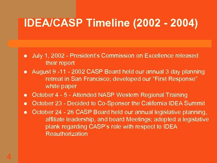 IDEA/CASP Timeline (2002 - 2004) l l l 4 July 1, 2002 - President’s