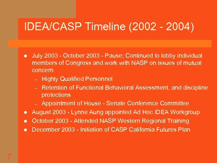 IDEA/CASP Timeline (2002 - 2004) l l 7 July 2003 - October 2003 -