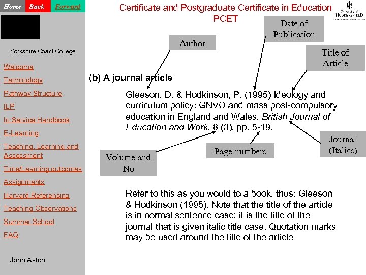 Home Back Forward Yorkshire Coast College Welcome Terminology Pathway Structure ILP In Service Handbook