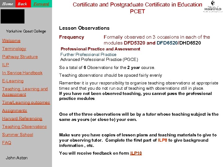 Home Back Forward Yorkshire Coast College Welcome Terminology Pathway Structure ILP In Service Handbook