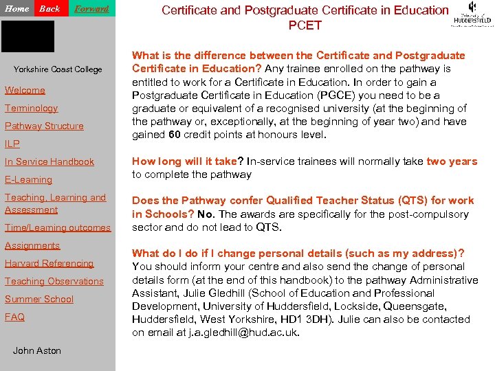 Home Back Forward Yorkshire Coast College Welcome Terminology Pathway Structure ILP In Service Handbook