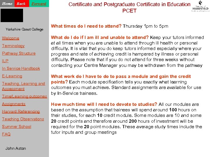 Home Back Forward Yorkshire Coast College Welcome Terminology Pathway Structure ILP In Service Handbook