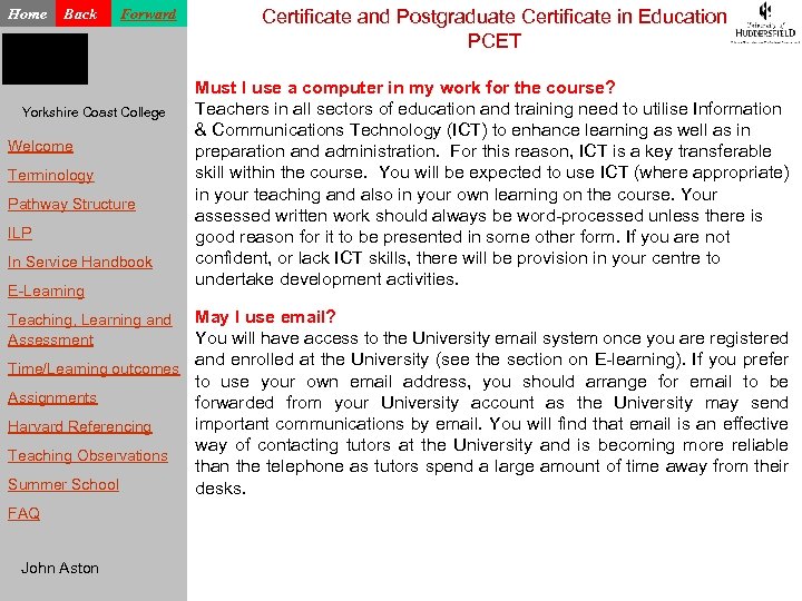 Home Back Forward Yorkshire Coast College Welcome Terminology Pathway Structure ILP In Service Handbook