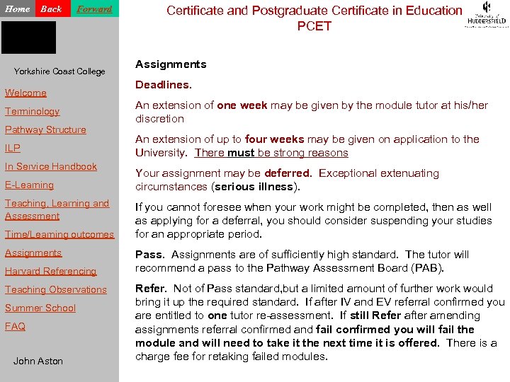 Home Back Forward Yorkshire Coast College Welcome Terminology Pathway Structure ILP In Service Handbook