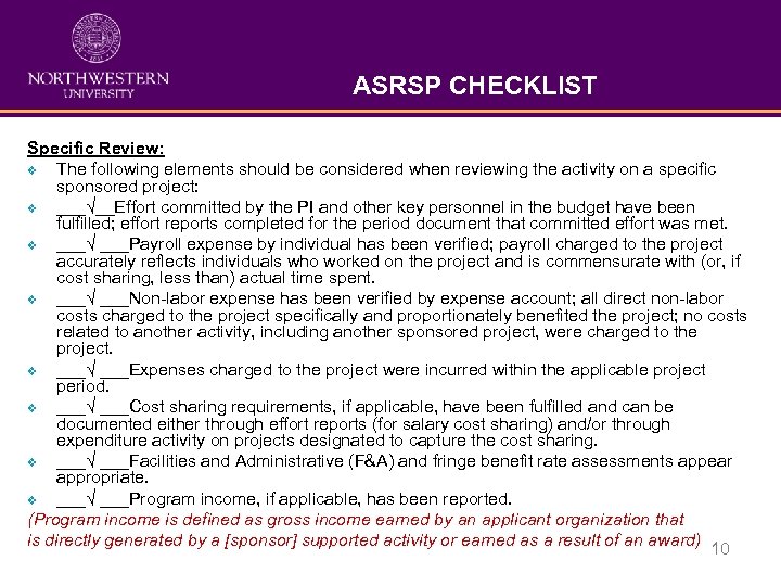 ASRSP CHECKLIST Specific Review: v The following elements should be considered when reviewing the