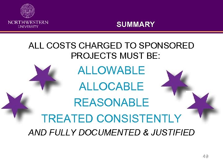 SUMMARY ALL COSTS CHARGED TO SPONSORED PROJECTS MUST BE: ALLOWABLE ALLOCABLE REASONABLE TREATED CONSISTENTLY