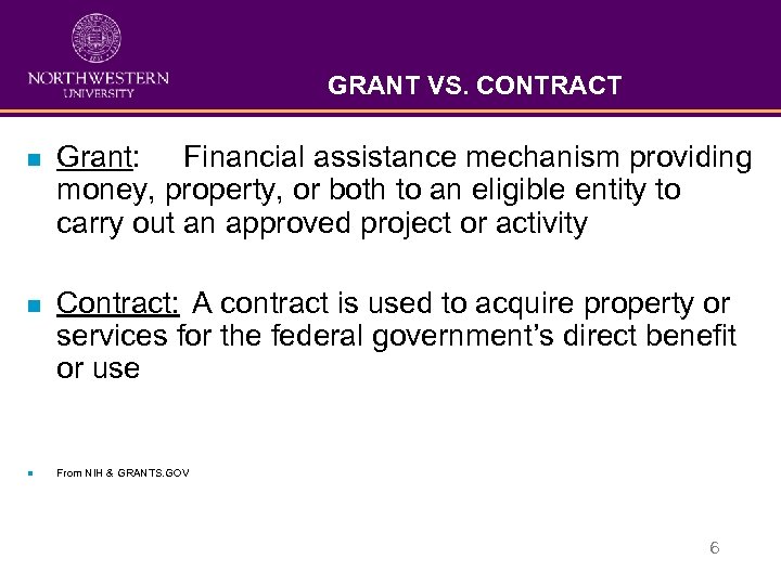 GRANT VS. CONTRACT n Grant: Financial assistance mechanism providing money, property, or both to