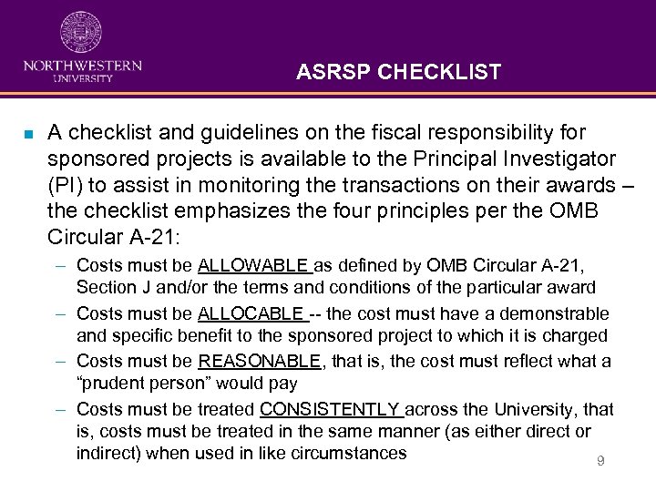 ASRSP CHECKLIST n A checklist and guidelines on the fiscal responsibility for sponsored projects