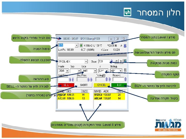  חלון המסחר מידע : Level I נתוני המסחר פס מידע ותיעוד הוראות/שגיאות כמות