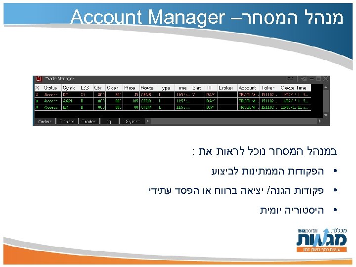  מנהל המסחר– Account Manager במנהל המסחר נוכל לראות את : • הפקודות הממתינות