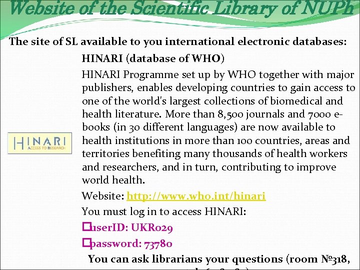 Website of the Scientific Library of NUPh The site of SL available to you