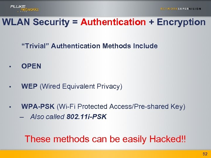 WLAN Security = Authentication + Encryption “Trivial” Authentication Methods Include • OPEN • WEP