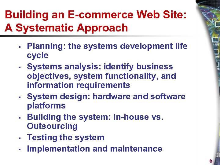 Building an E-commerce Web Site: A Systematic Approach § § § Planning: the systems