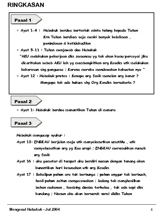 RINGKASAN Pasal 1 = Ayat 1 -4 : Habakuk berdoa berteriak minta tolong kepada