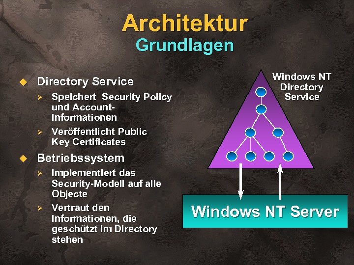 Architektur Grundlagen u Directory Service Ø Ø u Speichert Security Policy und Account. Informationen
