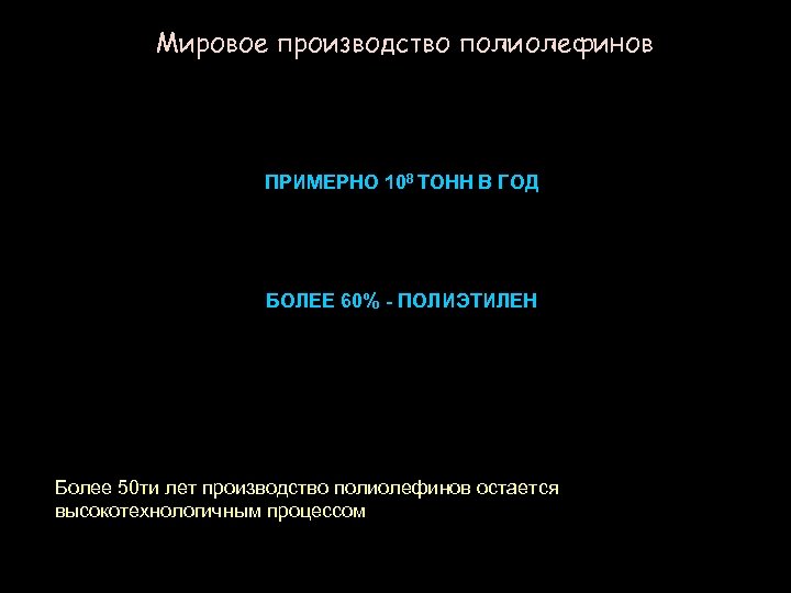 Мировое производство полиолефинов ПРИМЕРНО 108 ТОНН В ГОД БОЛЕЕ 60% - ПОЛИЭТИЛЕН Более 50