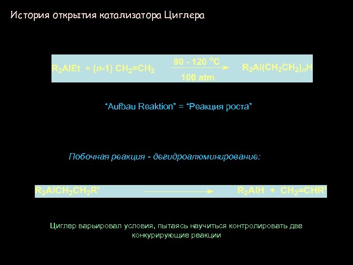 История открытия катализатора Циглера “Aufbau Reaktion” = “Реакция роста” Побочная реакция - дегидроалюминирование: Циглер