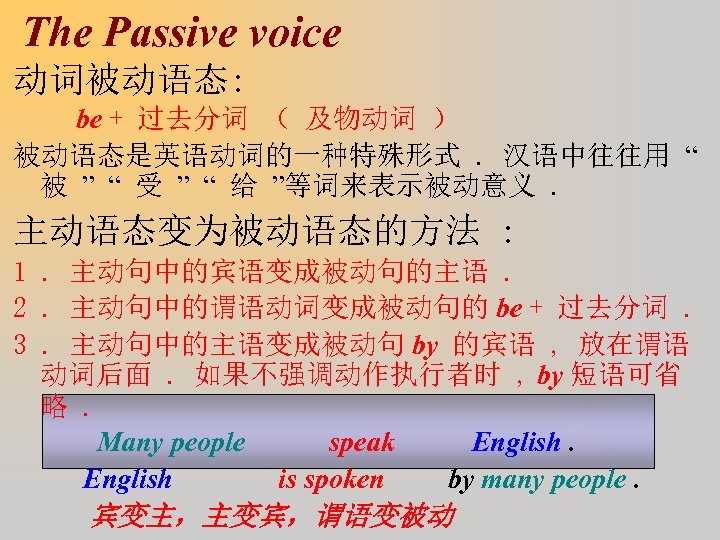 The Passive voice 动词被动语态: be + 过去分词 （ 及物动词 ） 被动语态是英语动词的一种特殊形式. 汉语中往往用 “ 被