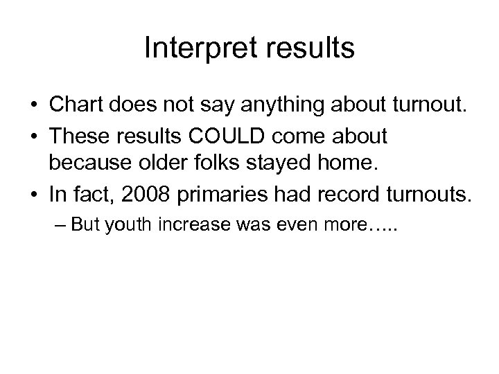 Interpret results • Chart does not say anything about turnout. • These results COULD