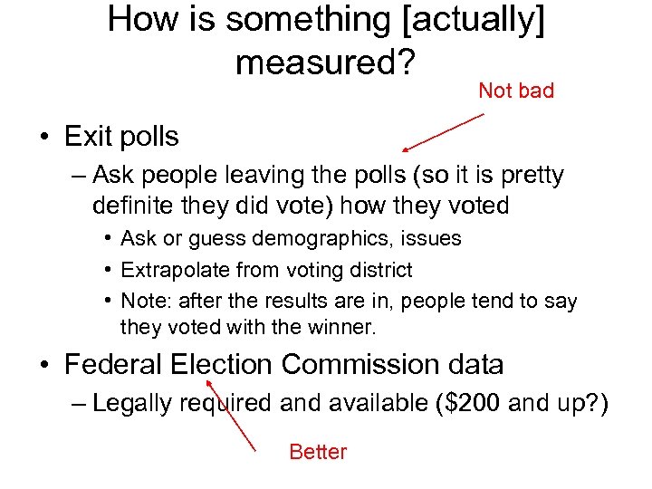 How is something [actually] measured? Not bad • Exit polls – Ask people leaving