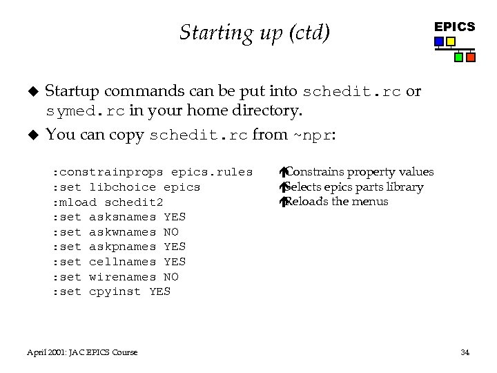 Starting up (ctd) u u EPICS Startup commands can be put into schedit. rc