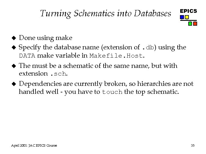 Turning Schematics into Databases u u EPICS Done using make Specify the database name