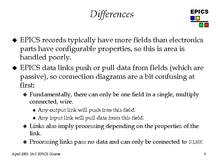 Differences u u EPICS records typically have more fields than electronics parts have configurable