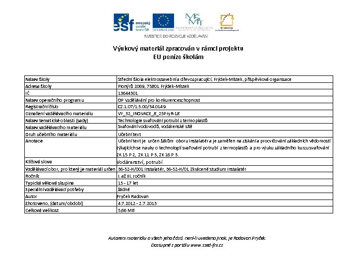 Výukový materiál zpracován v rámci projektu EU peníze školám Název školy Adresa školy IČ
