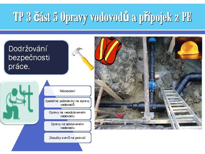 TP 3 část 5 Opravy vodovodů a přípojek z PE Dodržování bezpečnosti práce. Názvosloví