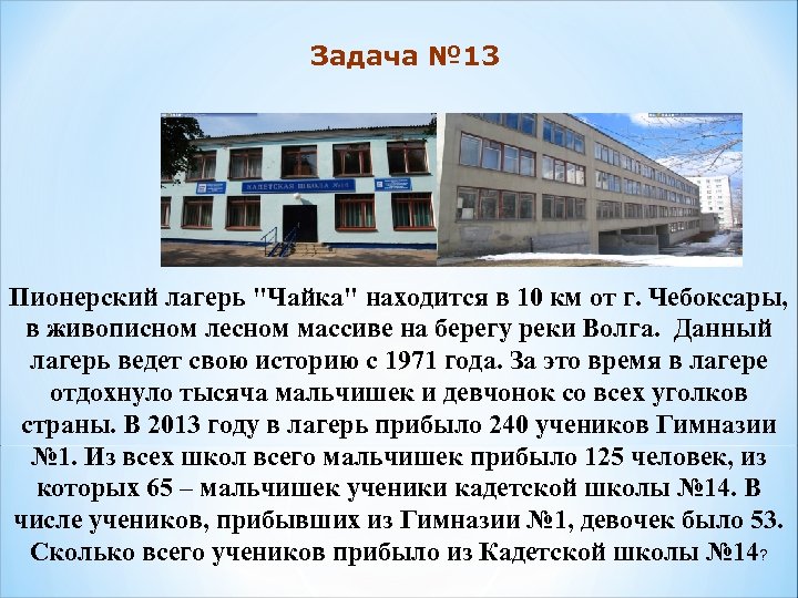 Задача № 13 Пионерский лагерь "Чайка" находится в 10 км от г. Чебоксары, в