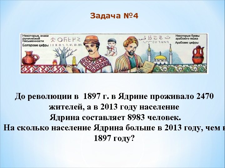 Задача № 4 До революции в 1897 г. в Ядрине проживало 2470 жителей, а