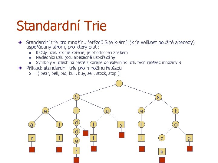 Standardní Trie Standardní trie pro množinu řetězců S je k-ární (k je velikost použité