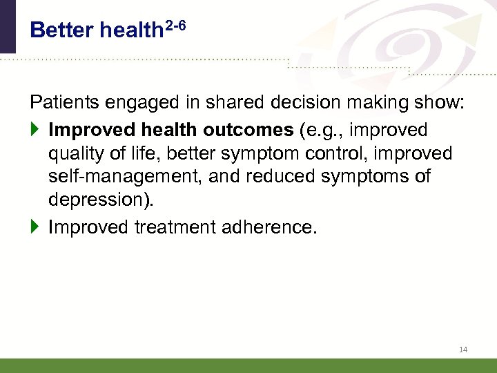 Better health 2 -6 Patients engaged in shared decision making show: Improved health outcomes