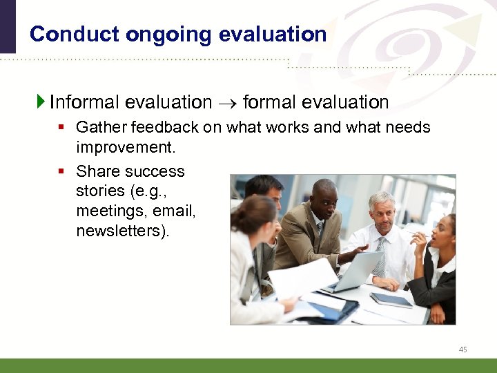 Conduct ongoing evaluation Informal evaluation § Gather feedback on what works and what needs