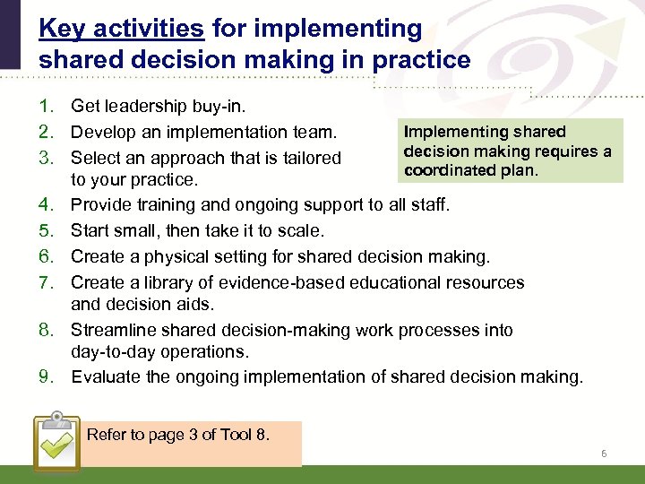 Key activities for implementing shared decision making in practice 1. Get leadership buy-in. Implementing