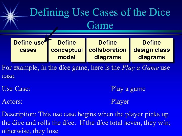 Defining Use Cases of the Dice Game Define use cases Define conceptual collaboration model